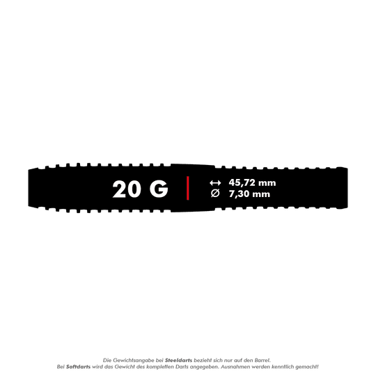 2465_Winmau_Maverick_Softdarts_5_20g Das Bild zeigt die Maße des Winmau Maverick Softdarts mit einem Gewicht von 20 Gramm. Der Dart hat eine Länge von 45,72 mm und einen Durchmesser von 7,30 mm.
