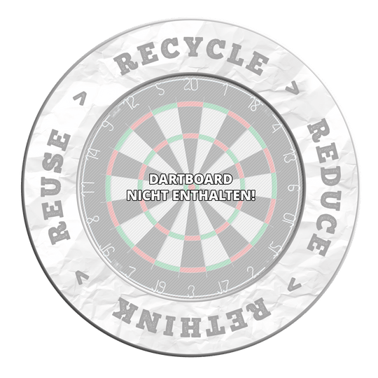 McDart Reciclar Reducir Repensar Reutilizar Marco de dardos Das Bild zeigt ein Produkt in Grau mit dem Schriftzug 'Recycle, Reuse, Reduce, Rethink'. Die Beschreibung lehnt sich an den Dateinamen DBS-RRRR5_Surround_Recyle_Reuse_Reduce_Rethink_Grau_1 an.