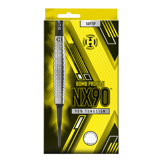 Dardos blandos Harrows NX90 Bomb Die Verpackung zeigt die "Harrows NX90 Bomb Softdarts" mit einem auffälligen gelb-schwarzen Design. Auf der Vorderseite steht, dass die Darts aus 90% Tungsten bestehen und eine Bombenform haben.
