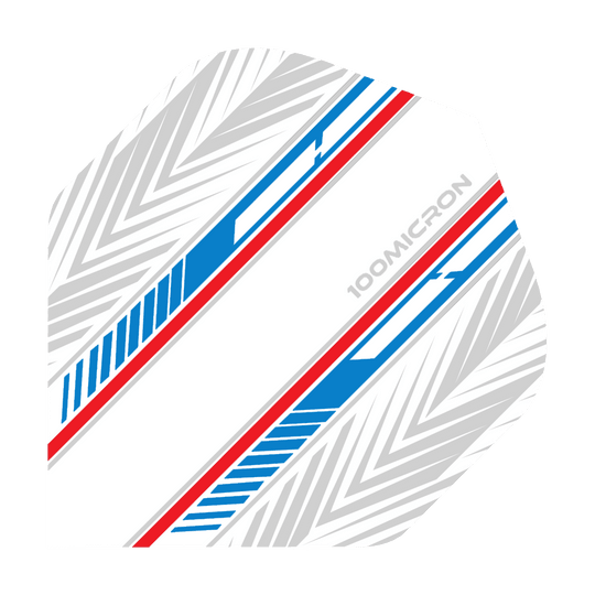 Vuelos de pentatlón blanco/azul/rojo Das Bild zeigt ein Dart-Flight mit einem weißen Hintergrund und blauen sowie roten Linien. Auf dem Flight ist außerdem ein graues Muster und der Schriftzug „100 MICRON“ zu sehen.