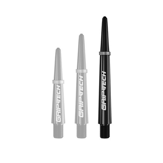 Varillas GOAT Griptech - Negras Auf dem Bild sind drei schwarze Dartschäfte in verschiedenen Längen zu sehen. Auf jedem Schaft steht das weiße Logo "GRIPTECH".