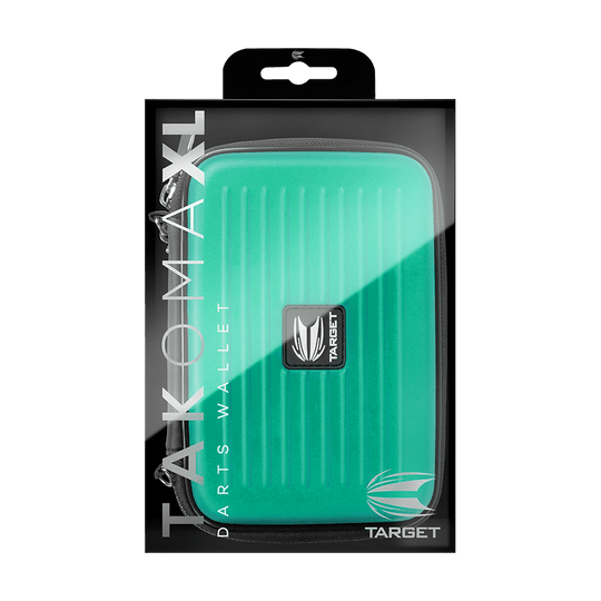 125832_Target_Takoma_XL_Dartwallet_Aqua_3 Das Bild zeigt das Produkt "Target Takoma XL Dartwallet" in der Originalverpackung. Das Dartwallet ist türkis und hat ein modernes, geriffeltes Design mit einem Target-Logo auf der Vorderseite.