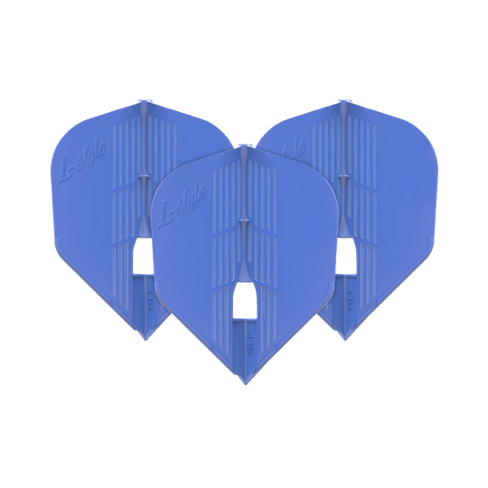 Vuelos KAMI L3PRO estilo L Das Bild zeigt drei blaue Dartflights der Marke L-Style. Sie sind nebeneinander aufgereiht und haben eine moderne, strukturierte Oberfläche.