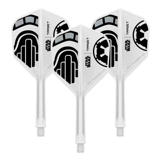 Vuelos Target Star Wars K-Flex Stormtrooper No. 6 Abgebildet ist ein Dartflügel-Set im Star Wars Design mit dem Namen 'Stormtrooper No6 Flights Intermediate 26mm'. Das Set eignet sich für den Austausch von Dartflügeln.