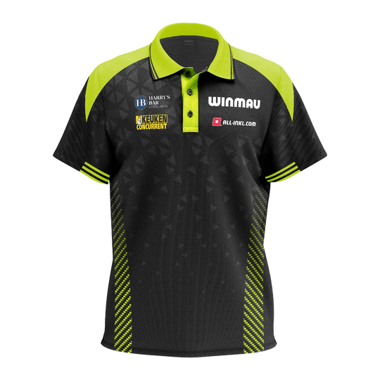 Polo Winmau Michael Van Gerwen Stage Das Bild zeigt das Winmau Michael Van Gerwen Stage Poloshirt. Das Shirt ist im Stil des bekannten Dartspielers gehalten.