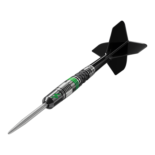 Dardos de acero Target Japan Black Marque Lightning 3 SP Das Bild zeigt den Target Japan Black Marque Lightning 3 SP Steeldart. Der Dartpfeil ist schwarz-silber mit grünen Akzenten und hat schwarze Flights.