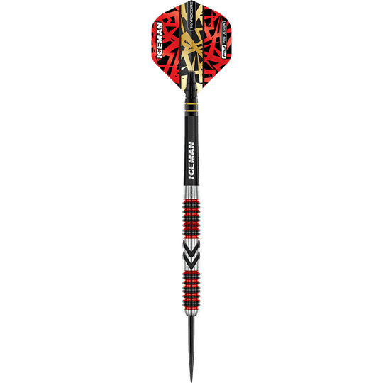 RD2567_Red_Dragon_Gerwyn_Price_Firebird_Steeldarts_1MJDm7fRvrMuaA Auf dem Bild ist ein professioneller Steeldartpfeil zu sehen. Er hat auffällige rote und schwarze Muster sowie die Aufschrift "ICEMAN" auf dem Schaft.