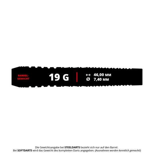 Das Bild zeigt die Produktspezifikationen für die "Target Japan Black Marque Renegade 4 Softdarts - 19g". Die Darts wiegen 19 Gramm, sind 46,00 mm lang und haben einen Durchmesser von 7,40 mm.