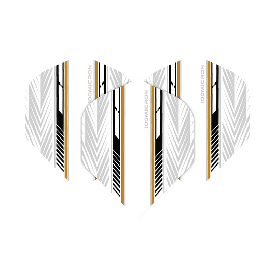 Vuelos de pentatlón blanco/negro/dorado Das Bild zeigt die Pentathlon White Black Gold No2 Standard Flights für Dartpfeile. Die Flights sind überwiegend weiß mit schwarzen und goldenen Zierstreifen sowie geometrischen Mustern.