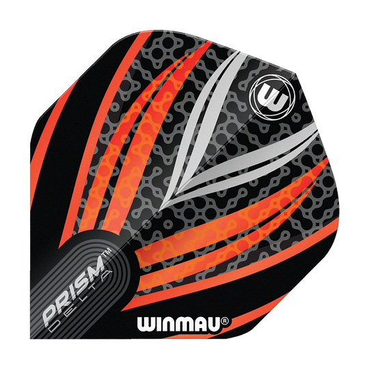Winmau Prism Delta Negro Blanco Naranja No. 2 Vuelos Estándar Das Bild zeigt ein Dart-Flight der Marke Winmau mit dem Namen "Prism Delta Schwarz Weiß Orange No2 Standard Flights". Das Design besteht aus schwarzen, weißen und orangefarbenen Streifen mit einem modernen Muster.