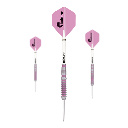 Dardos de acero con autógrafos de unicornio Das Bild zeigt drei Unicorn Autograph Steeldarts mit rosa Flights. Die Darts haben eine weiße Mitte und einen geriffelten, silber-rosa Schaft.