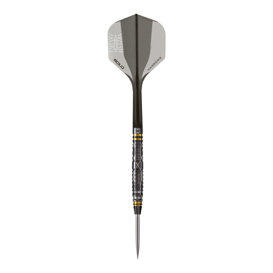 Harrows NX Luxe Tapered Quick Point Steeldarts Ein Steeldartpfeil mit feinem Schaft und matter Oberfläche wird präsentiert. Der Pfeil ist seitlich ausgerichtet.
