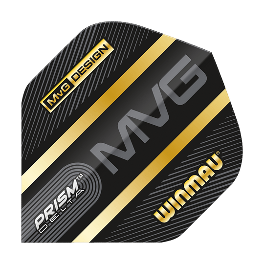 6915-238_Winmau_Prism_Delta_MvG_Standard_Flights_1iJtg109t2yJ9H Das Bild zeigt ein Winmau Prism Delta MvG Standard Flight für Darts. Das Flight ist schwarz mit goldenen Streifen und den Aufschriften „MVG“, „PRISM DELTA“ und „WINMAU“.
