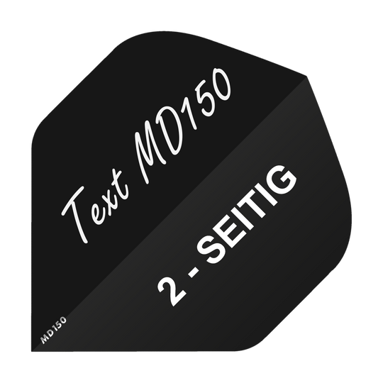 MD-200_2-Seitig_Bedruckte_Flights_Wunschtext_MD150_Schwarz_Standard_1 Das Bild zeigt ein schwarzes Feld mit dem Text "Text MD150" und "2-SEITIG" in weißer Schrift. Es handelt sich um ein Beispielbild für bedruckte Flights mit Wunschtext, Modell MD150 Standard.