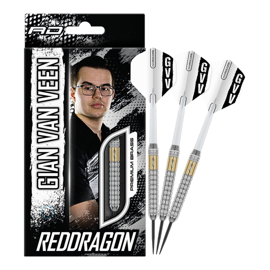 Dardos de acero de latón Red Dragon Gian Van Veen - 21 g Zu sehen sind die kompletten Red Dragon Gian Van Veen Brass Steeldarts mit 21 g. Dieses Produkt eignet sich für Steeldartspiele auf Wettkampfniveau.