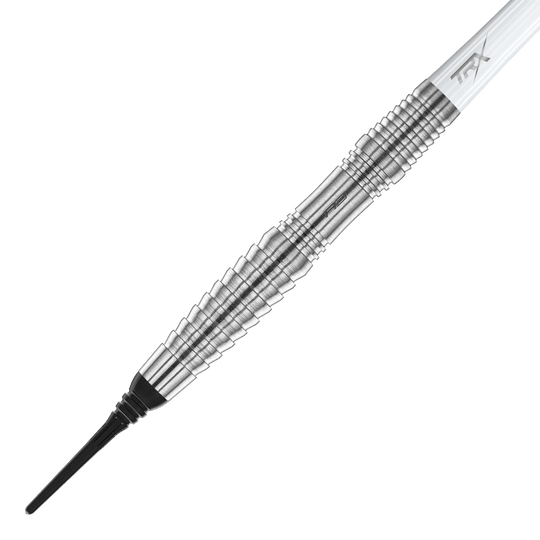 Das Bild zeigt einen Red Dragon Seren 3 Pure Softdart mit einem Gewicht von 20g. Der Dart hat einen silberfarbenen, geriffelten Metallkörper und eine schwarze Spitze.