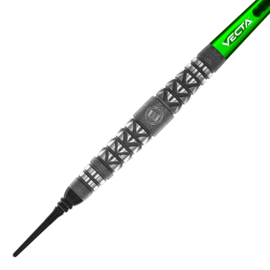 Dardos suaves con agarre atomizado Winmau Simon Whitlock Das Bild zeigt einen Winmau Simon Whitlock Atomised Grip Softdart. Der Dart hat ein auffälliges Griffmuster und einen grünen Schaft mit der Aufschrift "VECTA".