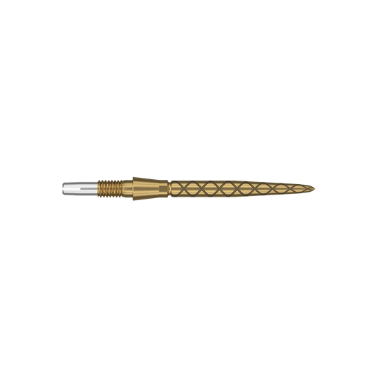Puntas de dardos Target Swiss Storm Diamond Point - Oro Dies ist eine goldfarbene Dartspitze mit einem diamantförmigen Muster. Sie ist schlank, länglich und hat eine Länge von 26 mm.