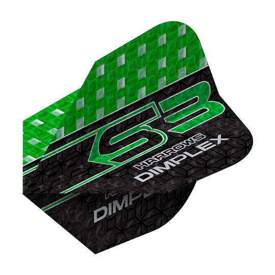 Plumas Harrows Dimplex S3 - Verde Das Bild zeigt einen grünen und schwarzen Dartflight mit der Aufschrift "Harrows Dimplex S3". Das obere Drittel ist grün mit silbernen Quadraten, der Rest ist schwarz mit einem Muster und weißen Schriftzügen.