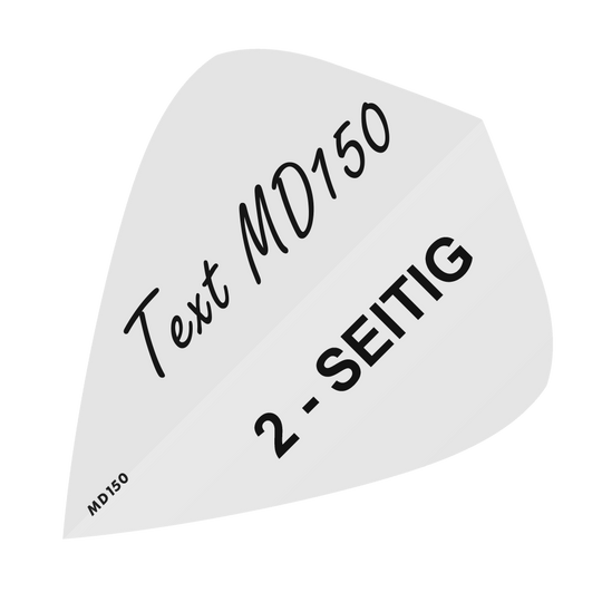 MD-301_2-Seitig_Bedruckte_Flights_Wunschtext_MD150_Weiss_Kite_1 Das Bild zeigt eine Vorlage für bedruckte Flights mit dem Text "Text MD150" und "2-SEITIG". In der unteren linken Ecke steht zusätzlich "MD150".