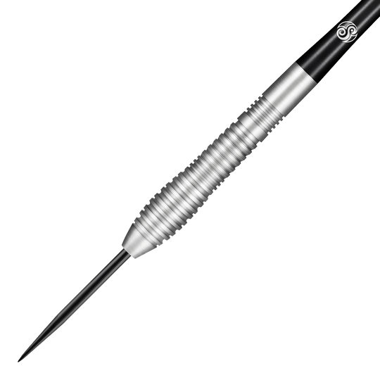 Dardos de acero Kestrel de Shot Birds Of Prey Das Bild zeigt einen Shot Birds Of Prey Kestrel Steeldart. Der Dartpfeil hat einen silbernen, geriffelten Körper und eine schwarze Spitze.