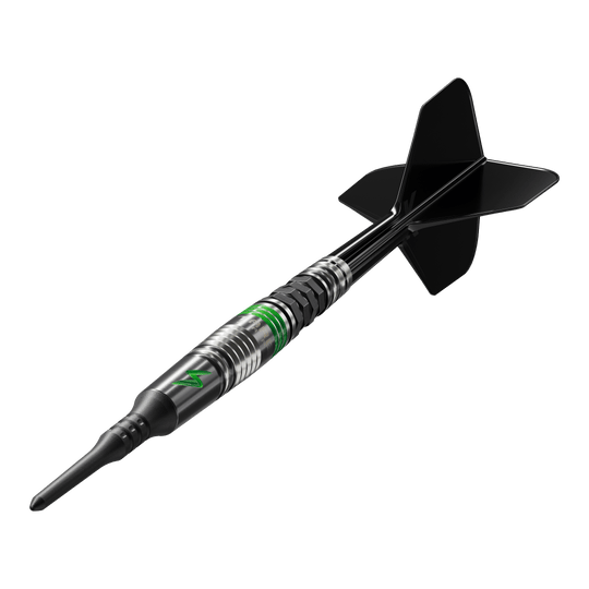 Dardos blandos Target Japan Black Marque Lightning 3 - 19 g Das Bild zeigt einen Softdart der Marke Target Japan Black Marque Lightning 3 mit einem Gewicht von 19 Gramm. Der Dartpfeil ist schwarz und silber mit grünen Akzenten und hat schwarze Flights.