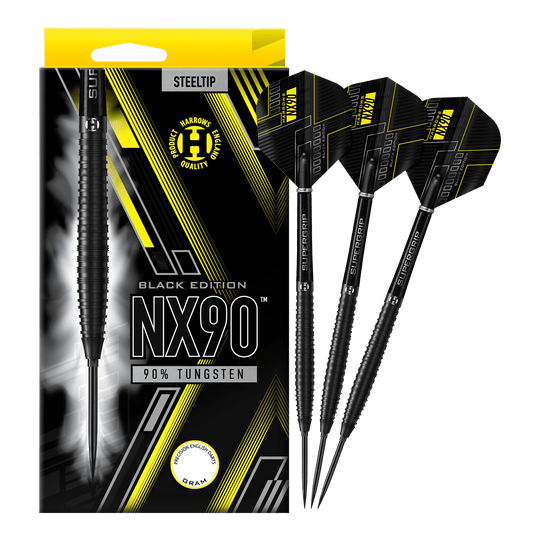 Dardos de acero de punta rápida cónica Harrows NX90 Black Edition Abgebildet sind die Harrows NX90 Black Edition Tapered Quick Point Steeldarts. Die schwarzen Steeldarts haben eine schlanke, konische Form.