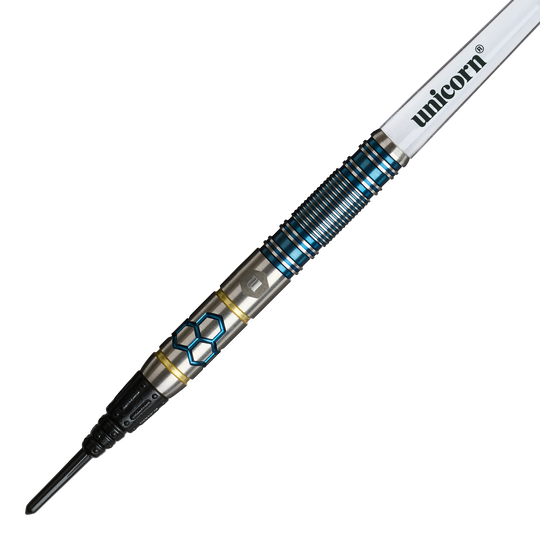 Dardos blandos Unicorn Hexium Style 02 azules y dorados - 21 g Unicorn Hexium Style 02 Blue & Gold Softdarts - 21g ist auf diesem Bild zu sehen. Die Softdarts sind in den Farben Blau und Gold gestaltet.