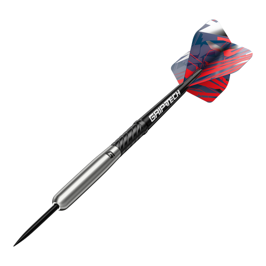Dardos de béisbol de acero de tungsteno GOAT Homerun Das Bild zeigt einen GOAT Homerun Baseball Tungsten Steeldart mit farbigem Flight und schwarzem Schaft. Der Dart hat einen silbernen Körper und trägt die Aufschrift "GRIPTECH".