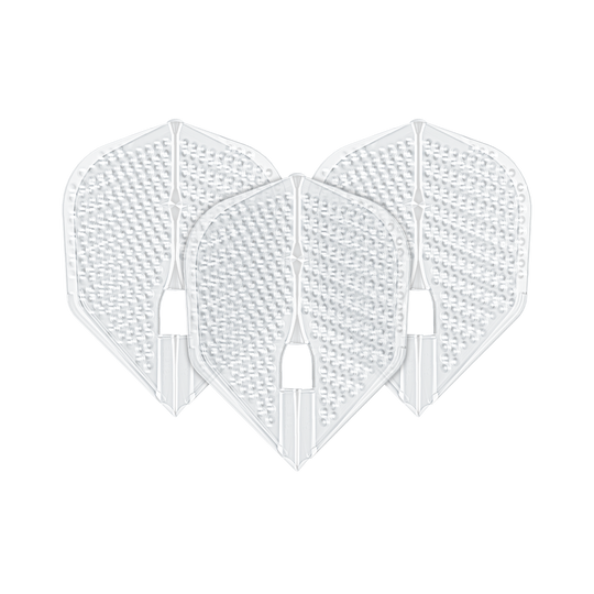 Plumas estilo L Dimple Champagne Forma L3PRO Das Bild zeigt drei transparente Darts-Flights in L3PRO Form mit Dimple-Oberfläche. Es handelt sich um das Produkt "L-Style Flights Dimple Champagne L3PRO Shape".