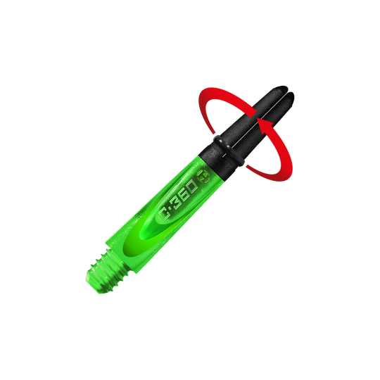 HR452_Harrows_Carbon_360_Shafts_Gr-n_35mm_2_Symbol Das Bild zeigt einen grünen Dart-Schaft mit schwarzem oberen Teil. Auf dem Schaft steht die Aufschrift "C-360".
