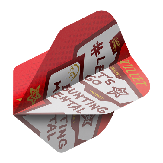 Target Pro Ultra Stephen Bunting Mental No2 Standard Flights - 3 Sets Das Bild zeigt ein Dart-Flight mit der Aufschrift „BUNTING MENTAL“ und „LET’S GO“. Das Flight hat ein rotes und weißes Design mit gelben und braunen Akzenten.