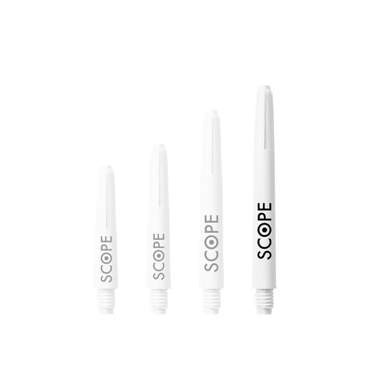 527_McDart_Scope_Nylon_Shafts_Weiss_48mm_1 Das Bild zeigt vier weiße McDart Scope Nylon Shafts in verschiedenen Längen. Auf jedem Schaft steht das Wort "SCOPE" in schwarzer Schrift.