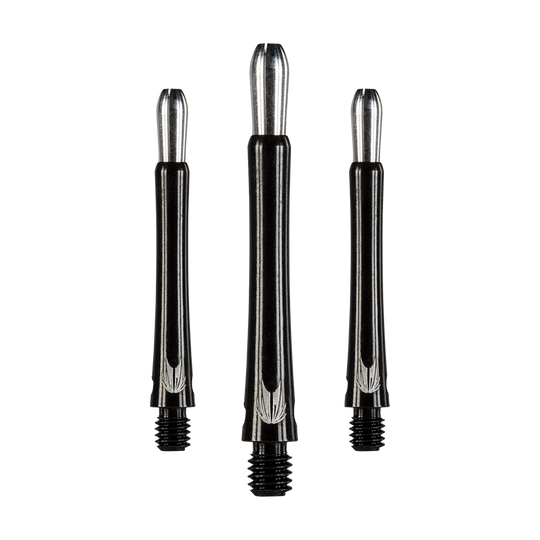 146220_Target_Grip_Style_Aluminium_Shafts_Schwarz_408mm_1 Das Bild zeigt drei schwarze Aluminium-Dartschäfte mit silbernen Details. Sie stehen aufrecht nebeneinander und haben ein modernes, schlankes Design.