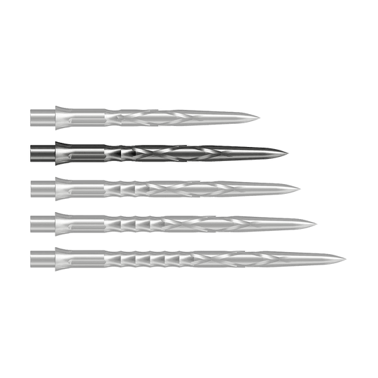 Puntas de dardos de acero Caliburn System - HAN G2 - Plata Auf dem Bild sind drei silberne Steeldartspitzen nebeneinander zu sehen. Sie haben eine glatte, verdrehte Oberfläche und sind spitz zulaufend.