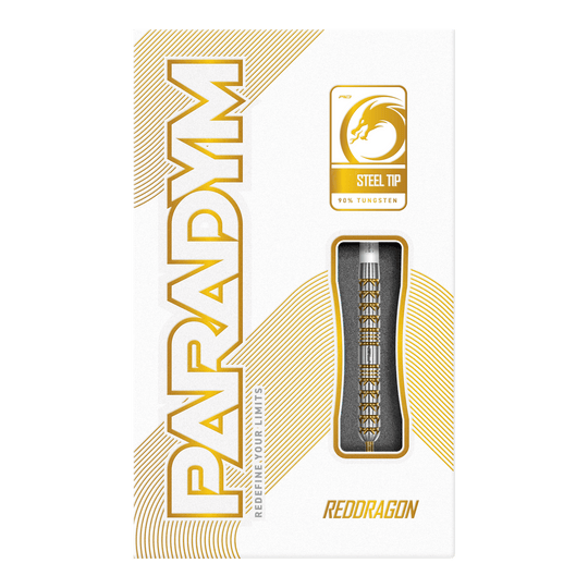 Dardos de acero paralelos Red Dragon Paradym Gold Das Bild zeigt die Red Dragon Paradym Gold Parallel Steeldarts. Sie sind parallel geformt und in einer auffälligen Goldfarbe gehalten.