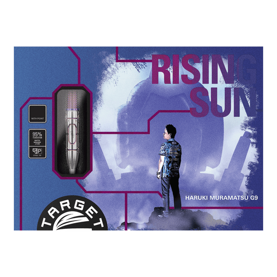 Die Abbildung zeigt die Verpackung der "Target Japan Haruki Muramatsu Rising Sun GEN9 Steeldarts - 23g". Auf der Packung sind ein Dartpfeil, das Logo von Target und ein Mann im Profil sowie der Schriftzug "Rising Sun" zu sehen.