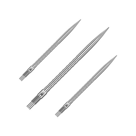 Das Bild zeigt ein Set von silbernen Dartspitzen mit 40 mm Länge. Die Spitzen sind nebeneinander arrangiert.