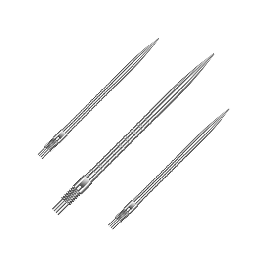 Puntas de dardos de metal pesado Harrows Quick Point - Plateadas Das Bild zeigt ein Set von silbernen Dartspitzen mit 40 mm Länge. Die Spitzen sind nebeneinander arrangiert.