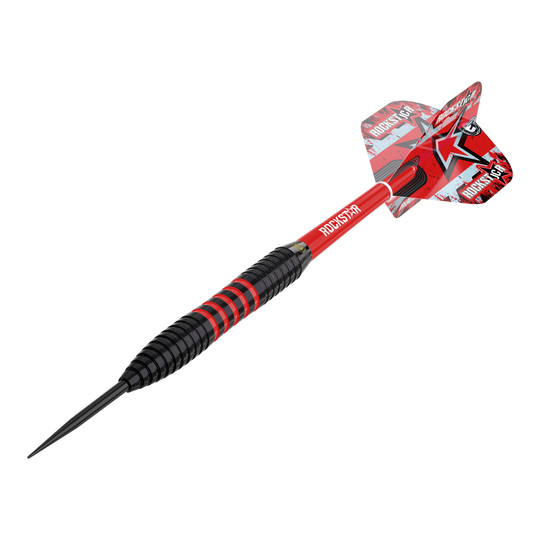 Dardos de acero de latón Winmau Joe Cullen - 20 g Das Bild zeigt einen Winmau Joe Cullen Brass Steeldart mit einem Gewicht von 20g. Der Dart ist schwarz und rot, mit einer auffälligen roten Flights und dem Schriftzug "ROCKSTAR".
