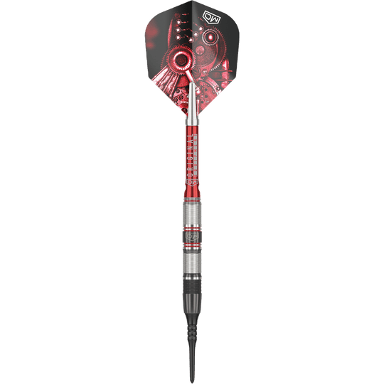 Dardos blandos DW Piranha Razor 02 Das Bild zeigt den Softdart "DW Piranha Razor 02". Der Dart hat ein silber-rotes Barrel und auffällige Flights mit einem Zahnrad-Design.