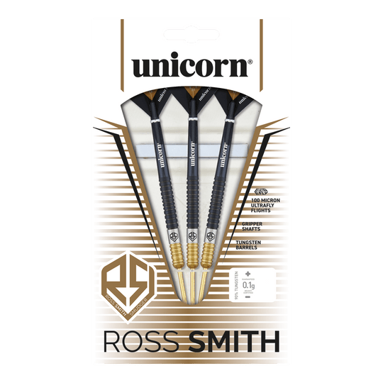 Dardos de acero bicolor Unicorn Ross Smith Das Bild zeigt die Unicorn Ross Smith Two-Tone Steeldarts in ihrer Verpackung. Die Verpackung hebt die Eigenschaften wie Gripper Shafts, 100 Micron Ultrafly Flights und Tungsten Barrels hervor.