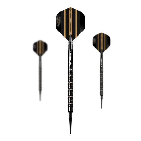 Das Bild zeigt drei Softdarts des Modells „Mission Mike De Decker MDD Black Gold“ mit einem Gewicht von 20g. Die Darts sind schwarz mit goldenen Streifen auf den Flights und haben ein modernes, edles Design.