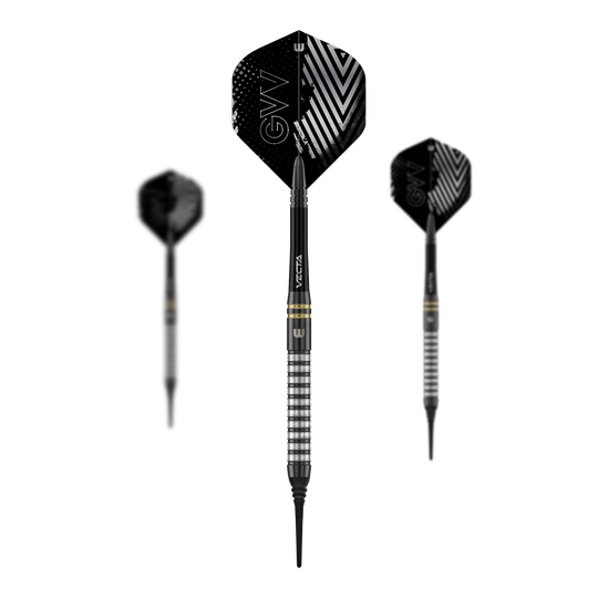 Dardos blandos Winmau Gian Van Veen TS - 18 g Das Foto zeigt ein Set der Winmau Gian Van Veen TS Softdarts 18g. Alle Darts liegen nebeneinander auf einer ebenen Fläche.