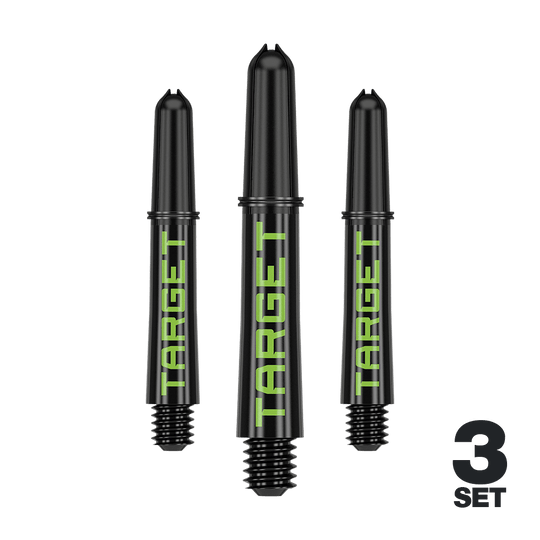 Varillas Target Pro Grip TAG - 3 juegos - Negro Verde Drei Dart-Schäfte in schwarzer Optik mit farbigem Akzent sind dargestellt. Die glatte Oberfläche ist deutlich erkennbar.