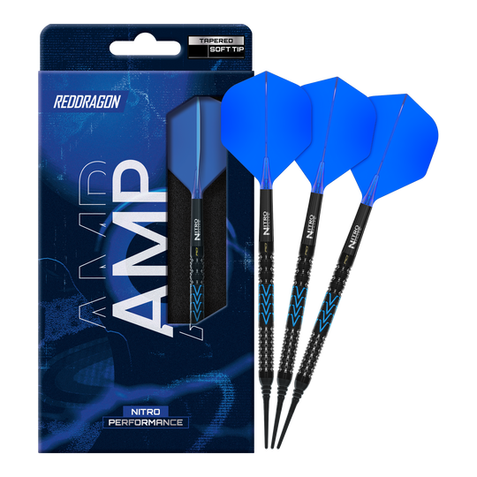 Zu sehen sind Red Dragon Amp Tapered Softdarts mit 20g Gewicht. Diese Darts sind besonders für präzises Werfen geeignet.