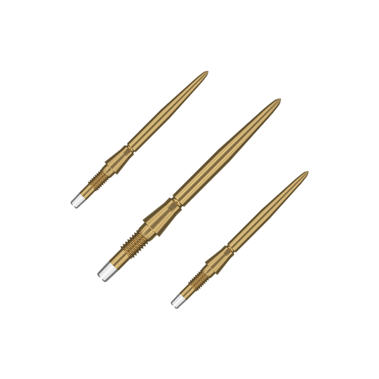 Puntas de dardos Target Swiss Storm Point - Doradas Das Bild zeigt drei goldene Dartspitzen, die nebeneinander angeordnet sind. Sie haben ein schlankes, spitzes Design mit einem silbernen Schraubgewinde am Ende.