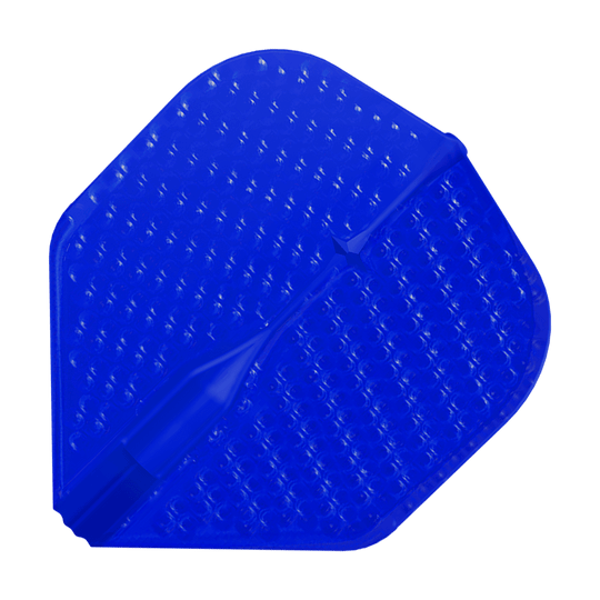 Vuelos estilo L con hoyuelos color champán L1EZ estándar Das Bild zeigt ein blaues Dart-Flight mit einer strukturierten, dimpleartigen Oberfläche. Es hat eine klassische, leicht abgerundete Form und ist aus Kunststoff gefertigt.