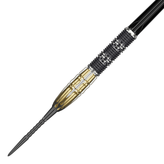 Dardos de acero Target Japan Pyro GEN11 Swiss Point - 22 g Das Bild zeigt den Target Japan Pyro GEN11 Swiss Point Steeldart mit einem Gewicht von 22g. Der Dart ist schwarz-gold gefärbt und hat ein auffälliges Flammen-Design am vorderen Teil.