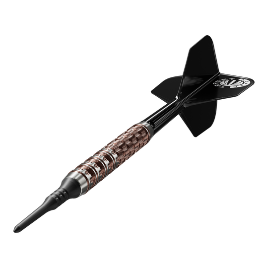 Das Bild zeigt die Target Japan Prime Series George Nishitani Raptor GEN6 Softdarts mit einem Gewicht von 21,5g. Die Softdarts liegen auffällig im Fokus und präsentieren ihr Design deutlich.
